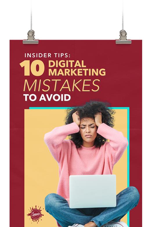 10 Digital Marketing Mistakes to Avoid poster hung up on a wire with 2 clips